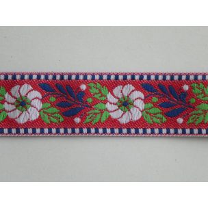 Krojová stuha červená 25 mm, Biely kvet modrá vetvička