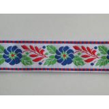 Krojová stuha červená 25 mm, Modrý kvet červená vetvička