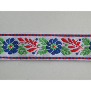 Krojová stuha červená 25 mm, Modrý kvet červená vetvička